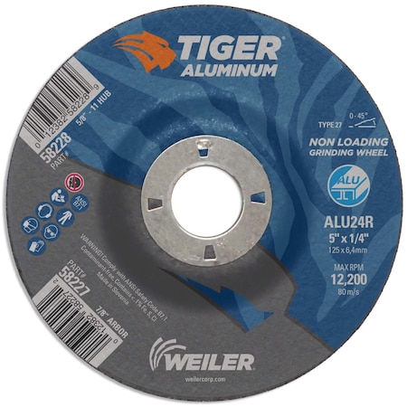 Weiler 5" x 1/4" TIGER ALUMINUM Type 27 Grinding Wheel ALU24R 7/8 A.H. 58227
